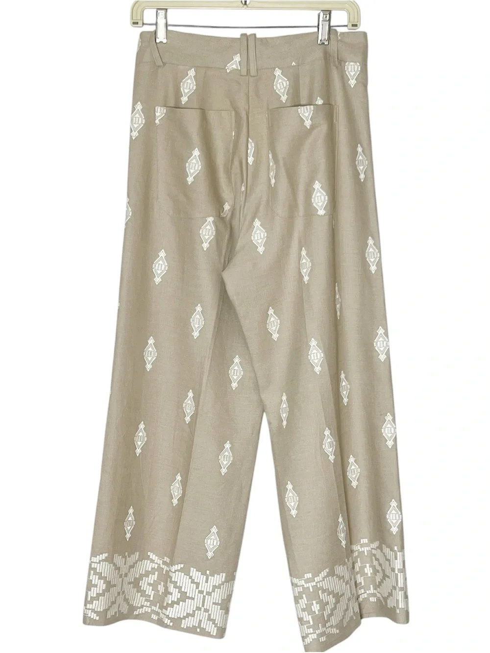Zara tan linen embroidered wide leg trouser pants size S